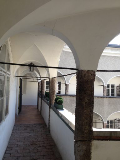 Ein schmaler Flur mit Bögen, Pflanzen und Fenstern im Hintergrund.